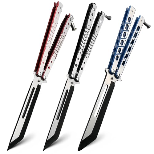 Sporgo 3 Stück Butterfly Trainer: Butterfly Messer zum Üben Ungeschärfte Klinge, Butterfly Kamm Edelstahl für Trainingsmesser AnfäNger-Der Flipping Tricks üBt (Blau+ Rot+ Schwarz)