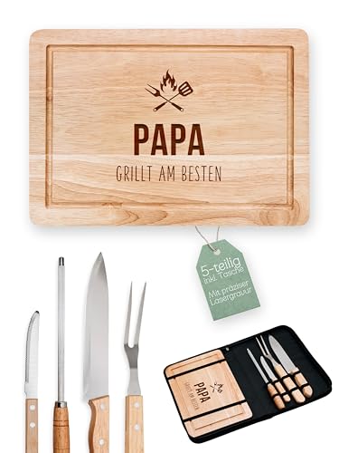 Abenteuernah Grillset mit Messer im Messerset, Grillen Geschenk, Grill Accessories, Grillbrett, Geschenke für Männer, Schneidebrett als Geschenk zu Vatertag und BBQ Season (Papa)
