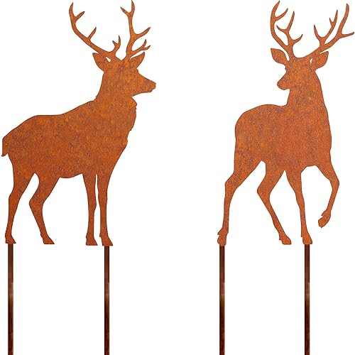 JYUECIAN Roststecker Hirsch Weihnachtsdeko 2 Stück Rost Gartenstecker Metall Rentier Weihnachten Deko Draußen Herbstdeko Outdoor