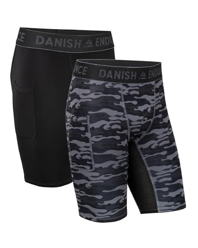 DANISH ENDURANCE Kompressions-Shorts, Sport Shorts, Kurze Leggings mit Taschen, für Herren, 2er Pack Mehrfarbig (1x Schwarz, 1x Grau Camo) 2er Pack L