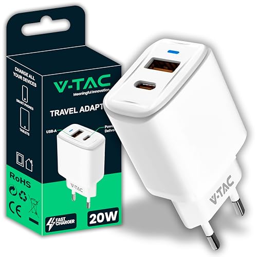 V-TAC Schnellladegerät 20W USB-C für iPhone und Samsung – Ladegerät Ultra-Schnell für Smartphones und Geräte – 2 USB-Anschlüsse Typ C und Typ A für iPhone 13/14/15/16 PRO/MAX und Galaxy S24/S25/S26