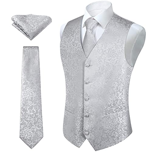 HISDERN Hochzeitsweste herren Blumen Hochzeit Silber-Grau Weste Krawatte Einstecktuch Taschentuch Jacquard Weste Anzug Set