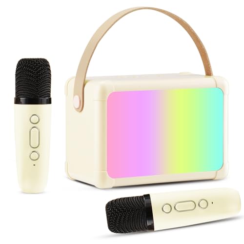 Giecy Karaoke Maschine mit 2 mikrofonen, Mini Bluetooth Karaoke Anlage mit mikrofon kinder, PA-System als Geschenk für Mädchen, Jungen, Familie und Zuhause(Beige)