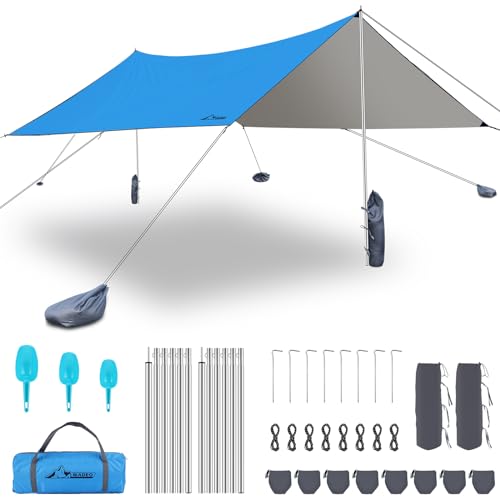 WADEO Camping Zeltplane 3,6m x 3,6m wasserdicht Anti-UV, Sonnenzelt am Strand für 3-8 Personen, Strandzelt Strandmuschel mit Stangen und Sandanker, für Camping Wandern Picknick im Freien