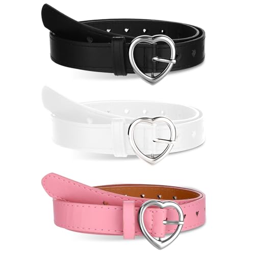 BOHUIZ 3 Stück Kindergürtel Mädchen, PU Verstellbare Herz Schnalle Taillengürtel Gürtel Mädchen für 6-12 Jahre Herz Schnalle Leder Mädchen Gürtel für Hosen Röcke Jacken(Rosa, Schwarz, Weiß)