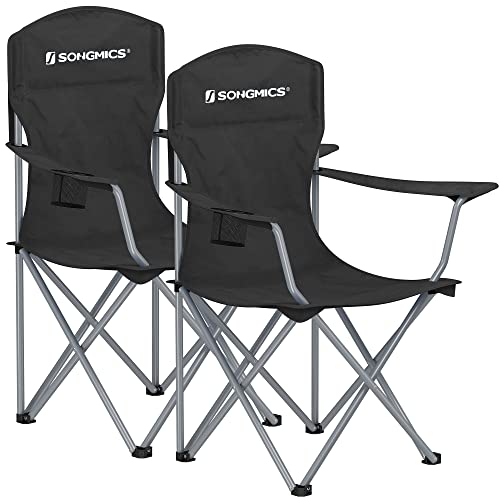 SONGMICS Campingstuhl 2er Set, Klappstuhl Outdoor, Angelstuhl, hohe Rückenlehne, Armlehnen, Getränkehalter, klappbar, bis 150 kg belastbar, Camping Garten Terrasse, schwarz GCB08BK