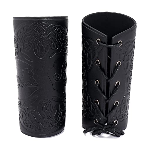 GORGECRAFT 2 STÜCKE Leder-Armstulpen Mit Baum des Lebens-Muster Armschienen Armschützer Armschutz Bogenschießen Schnalle Armschienen Unisex Ledermanschetten Armschützer Für Männer Frauen (Schwarz)