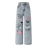 Generisch Jeans Jeanshosen für Mädchen Bootcut Elastische Taille Denimhose Kinder Jeans mit Weitem Bein Y2K Retro Style Denim Hose Casual Loose Straight Jeans 120-170