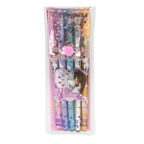 Depesche 13364 Miss Melody - Glitter Gelstifte Set im transparenten Täschchen, mit Druckknopf-Verschluss, 5 Stifte in Glitzerfarben zum Schreiben und Verzieren