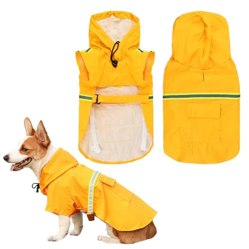 Amexo Hunderegenmantel mit Reflektierenden Streifen Wasserdichter Hundemantel mit Kapuze Verstellbare Regenjacke mit Kragenloch für Kleine Mittelgroße und Große Hunde (S)