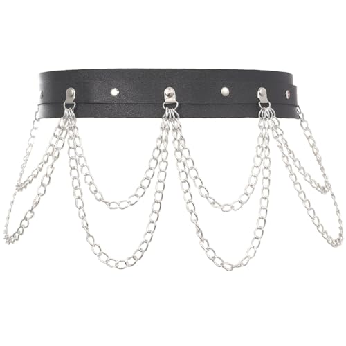 Flovel Punk-Leder-Taillenkette, schwarz, geschichtet, Körperkette, Gürtel, Gothic-Rave-Körperschmuck für Frauen und Mädchen