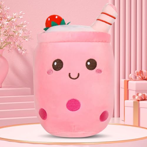 DAJASD Bubble Tea Plüschtier, Bubble Tea Kuscheltier 25cm, Teetasse Kissen Kinderspielzeug, Bubble Pearl Milk Tea Kuschelkissen für Kinder Mädchen Erwachsene Cartoon (Rosa)