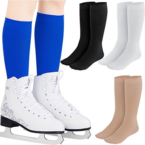 4 Paar Eiskunstlaufsocken Hohe Strumpfhose Skate Socken Schlittschuhsocken Nylon Skating Socken für Schlittschuhe Tanzen, Schwarz, Weiß, Hautfarben, Königsblau, Einheitsgröße