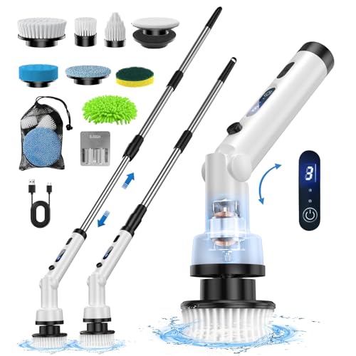 ETENTOUS Elektrische Reinigungsbürste, Electric Cleaning Brush mit 8 Ersatzbürstenköpfe Electric Spin Scrubber 3 Modi Power Scrubber mit 37-140cm Verstellbarem Griff für Bad Küche Auto Fußboden