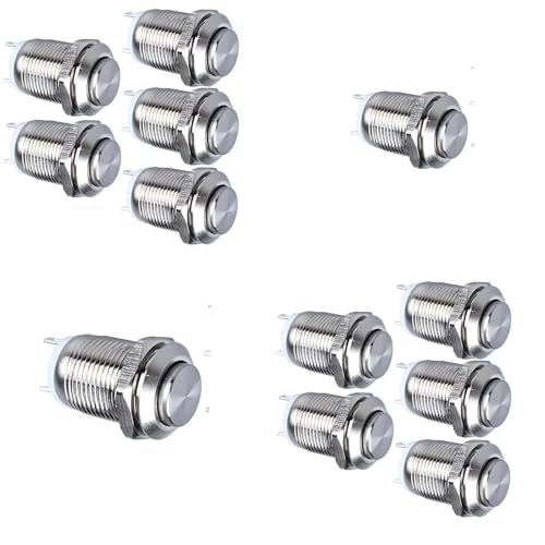 12 Stücke Edelstahl Taster mit IP67 Wasserschutz – Drucktaster Moment-Schalter 12mm (EIN/AUS) für 12V/24V/250V | Rostfreier Button mit Einbaurahmen für Industriesteuerung, Marine & Outdoor-Anwendung