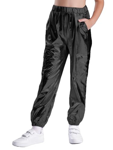 Sxiwei Mädchen Jungen Metallic Hose Lang Hip-Hop Jazz Tanz Hosen Einfarbig Glänzend Sporthose Party Outfit Schwarz 158-164