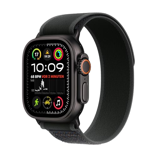 Apple Watch Ultra 2 (GPS + Cellular 49 mm) Smartwatch, Sportuhr mit Titangehäuse in Schwarz und Trail Loop in Schwarz (M/L). Fitnesstracker, präzises GPS, extra Lange Batterielaufzeit