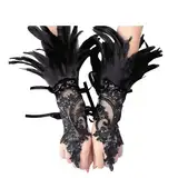 songyea Damen Schwarz Feder Handschuhe, Vintage Spitzenhandschuhe, Gothic-Netzhandschuhe, Fingerlose Lange Handschuhe für Hochzeit Halloween Cosplay (Schwarz, Standard)