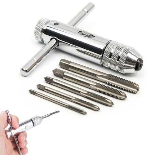 6 Stück Gewindebohrer Set,Gewindeschneider,Windeisen,M3 M4 M5 M6 M8 Hss Gewindefräsen,T-Griff Ratsche Gewindeschneider,Halterschlüssel,Werkzeughalter Mit Umschalt-Ratschenkopf