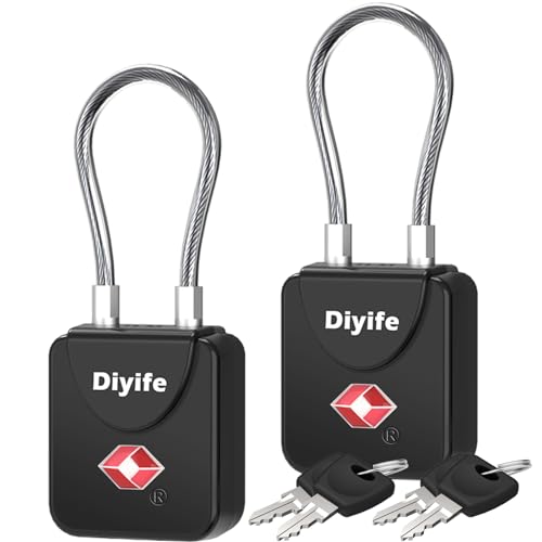 Diyife TSA Gepäckschlösser 2 Stück 4 Schlüssel, Schlösser Rreisekoffer mit Flexiblem Kabel, Schlüsselschloss Sicherheitsschloss Reiseschloss für Koffer Gepäck Etui Spind etc. (Schwarz)