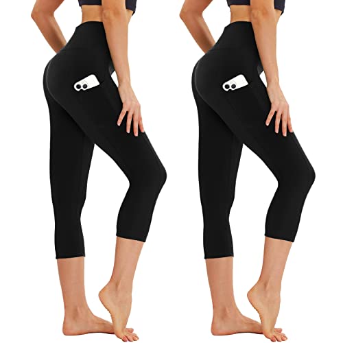 AMIYOYO Capri Leggings Damen mit Taschen 3/4 Sport Leggins High Waist Sporthose Blickdicht Elastisch 7/8 Yoga Hose Fitness Laufen für Outdoor 2er Pack(Schwarz*2,L-XL=DE42-48)