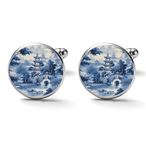 Freecustom Blaue Pagode Chinoiserie Manschettenknöpfe Asiatische Orientalische Manschettenknöpfe für Männer Orientalisch Chinesisch Traditionell Orientalisch Manschettenknöpfe Herren Elegante