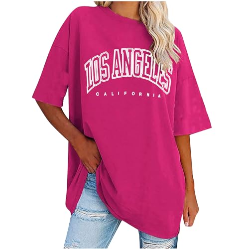 UHouse Damen Oberteile Sale Damen T-Shirt Vintage Tie-Dye Muster Kleidung Lose Los Angeles Baumwolle Oberteile Frauen Tuniken Elegant Top Teenager Rundhals Lässig Bluse Angebote Heißes Rosa S
