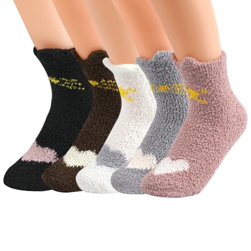 Maxmoc 5 Paar Kuschelsocken Damen, Flauschige Socken 37-42, Dicke Warme Bettsocken aus Korallenfleece, Niedliche Katzen Haussocken Wintersocken für Frauen Süßes Geschenk