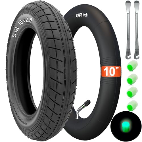 10x2.0 (54-152) Reifen mit Profil A-1022 inkl. Schlauch mit Edelstahl-Winkelventil 45° AV – Inkl. 2 Montierhebel, Kompatibel mit Rädern 54-152 Reifen für Kinderwagen, Kinderfahrrad, Elektroroller