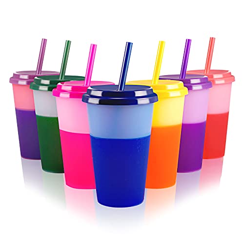 Patinao 7 Stück Becher Tasse Trinkbecher mit Strohhalm & Deckel - 350ml Farbwechselbecher Mehrweg Plastikbecher Kinder Tasse Cup Travel Mug Tumbler Eiskaffee Kaltes Trinken Smoothie Saft