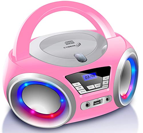 Cyberlux CD-Player mit LED-Beleuchtung | Kopfhöreranschluss | Tragbares Stereo Radio | Kinder Radio | Stereoanlage | USB | CD/MP3 Player | FM Radio | Kopfhöreranschluss | Aux In (Pretty Kitty Pink)