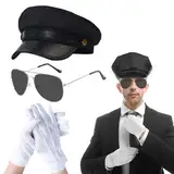 UILYNIU 3 Stück Chauffeur Kostüm Zubehör mit Taxifahrer Hut Sonnenbrille Weiße Handschuhe, Hochzeitsfahrer Kostüm Gangster Biker Kostüm für Erwachsene 80s Gangster Mottoparty Cosplay Karneval