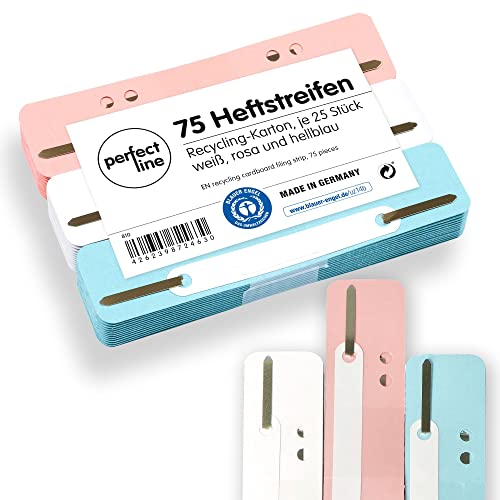 perfect line • 75 Heftstreifen Pappe, recycling Karton, 250 g/m², MADE IN GERMANY (Weiß, Rosa, Hellblau)