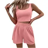 HXRYPG Outlet Amazon Damen Zweiteiler Sommer Outfits Sport Hosenanzug Casual Kleidung 2 Teiler Crop Tank Top und Shorts Y2K Aesthetic Clothes Workout Anzug Baumwolle Loungewear Set Rosa M