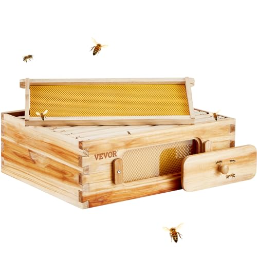 VEVOR Bienenstock-Starterset, mittlere Box, 100% mit Bienenwachs beschichtetes natürliches Zedernholz, Langstroth-Bienenstock-Set mit 10 Rahmen und Mittelwänden, transparente Bienenfenster aus Acryl