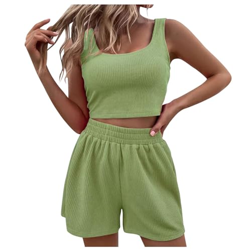 Zweiteilige Outfits für Damen, Sommer-Shorts-Sets, 2-teiliges ärmelloses passendes Crop-Top Shorts mit hoher Taille für Damen Schlafanzug Set Damen Hausanzug Damen Sommer Hausanzug Damen (GN2, L)