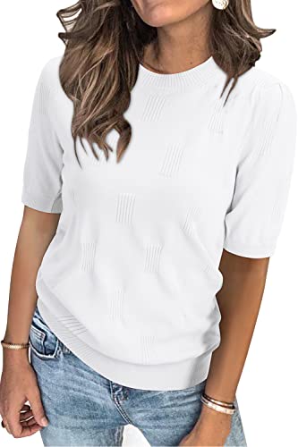 Arach&Cloz Pullover Damen Kurzarm Strickpullover Elegant Rundhals Frühling Sommer Sweatshirt Tops Oberteile Pulli (Weiß,XXL)