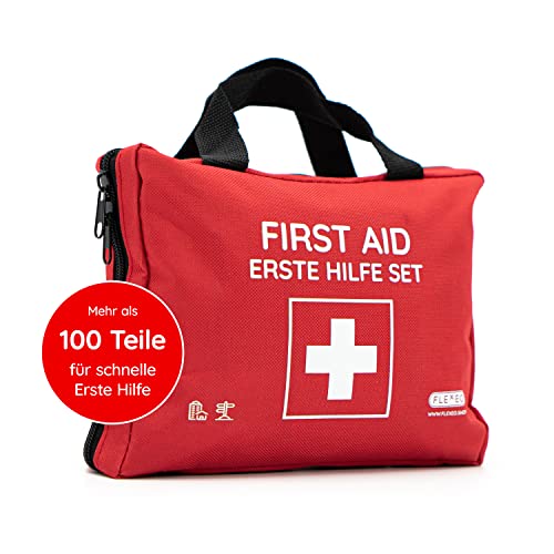 FLEXEO Erste Hilfe Set (103-teilig) gefüllt mit Sofort-Kältekompressen, Rettungsdecke und Pflastersortiment/Erste Hilfe Tasche für Zuhause, Auto, Outdoor, Wandern und Reisen - Notfallset für Unterwegs