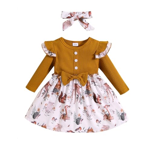 KONFEN Baby Kleidung Mädchen Kleid - Rüschen Langarm Kleider mit Schleife + Stirnband 2tlg, Gerippte Kleid Babykleidung Set Bekleidungssets Frühling Herbst Winter für 2-3 Jahre (Tier Muster)