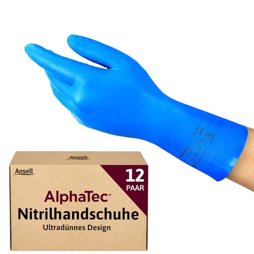 Ansell AlphaTec 37-310, Vielseitige Nitrilhandschuhe, Wiederverwendbare Handschuhe, Latexfreie Chemikalienschutzhandschuhe, Koch- und Reinigungshandschuhe, Blaue Arbeitshandschuhe, 12 Paar, Gr. L