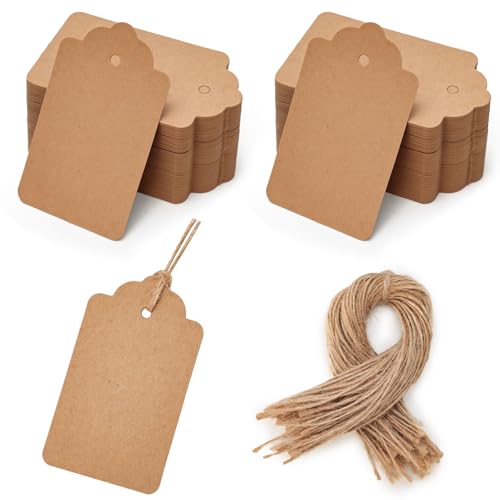 HAKACC 200 Stück Geschenkanhänger & Etiketten, Kraftpapier Blanko 4x7cm, Naturjuteschnur, Ideal für Geschenkverpackung, Hochzeitsdekoration & DIY-Projekte
