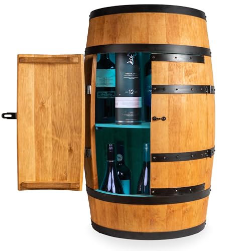 CREATIVE COOPER Weinregal Holz mit Tür mit LED RGB - Alkoholschrank Flaschenregal Holz - Holzfass - Fassmöbel - Weinständer - Weinfass - Weinbar - Fass bar mit Tür - minibar 80 cm High (Eiche)