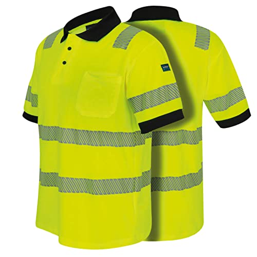 PRO FIT Warnschutz Poloshirt – Atmungsaktives Kurzarm-Polo Shirt, hohe Sichtbarkeit durch auflaminierte Reflexstreifen, mit UV-Schutz - Neongelb/Grau, Gr. XXL