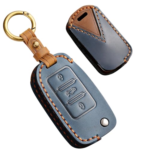 Ysbxitu Fernbedienungs-Schlüsselhülle mit 3 Tasten Passt für BVW Golf Touran Beetle Skoda Octavia Polo Seat Tiguan Jetta Leon Ibiza Polo Schlüsselanhänger aus Leder Smart Key Shell Case Blau