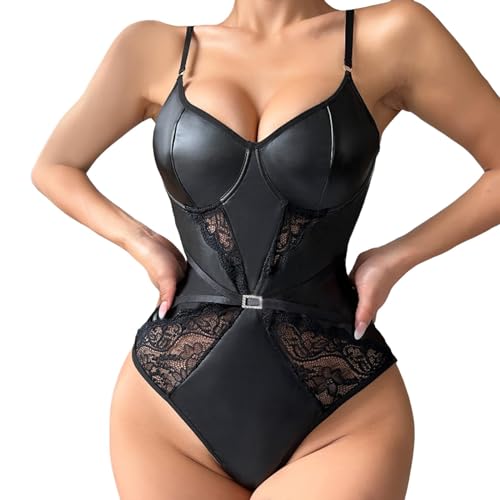 Gefomuofe Damen Wetlook Bodysuit Sexy Harness Push PU Halsband Erotik Strin Leder Clubwear Onesie Strampler Party Ballettbody Tanzbody Lack Bodysuit Kleid Bodysuits Damen Nachtwäsche Clubwear