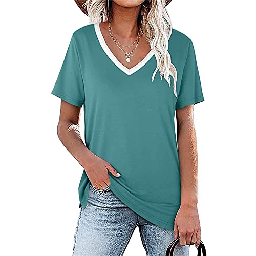 Damen Sommer Casual Kurzarm Tops V-Ausschnitt T-Shirt Bluse Seitenschlitz Tunika Tops Loser Pullover Mit Leggings (S,Blau)