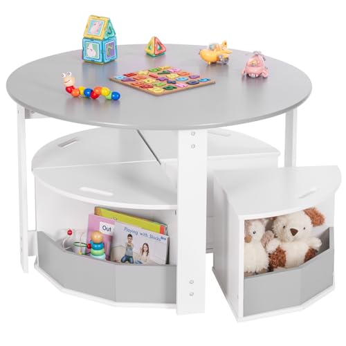 Yorbay Kindertisch mit 4 Stauraumhocker, Kindersitzgruppe, Kindermöbel Set aus Holz, Sitzgruppe für Kinder, Maltisch für Kinderzimmer, Spielzimmer, Vorschüler, Kindertischstuhl (Grau)
