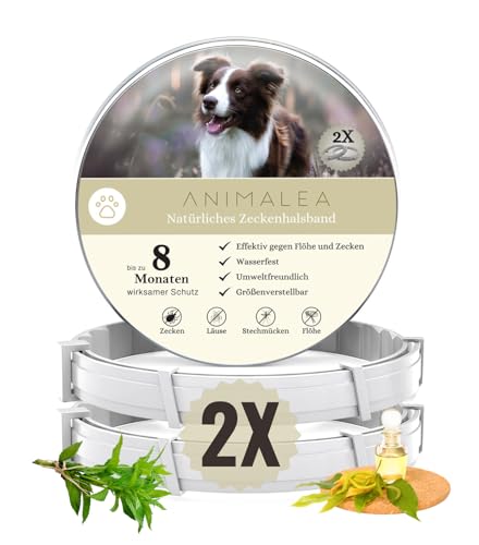 Animalea® Zeckenhalsband für Hunde (2 Stück) 100% naürliche Inhaltsstoffe & Premium Öle - bis zu 8 Monate wirksamer Schutz gegen Zecken Flöhe Mücken Läuse Ungeziefer