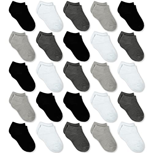 GENTABY Jungen Mädchen Kinder Socken - Unisex Kleinkind Socken 23-26 Schwarz Weiß Grau Baby Socken - 25 Paar für 2-4 Jahre Kleinkind Neugeborene Schule Trainieren Laufen Strapazierfähige Socken