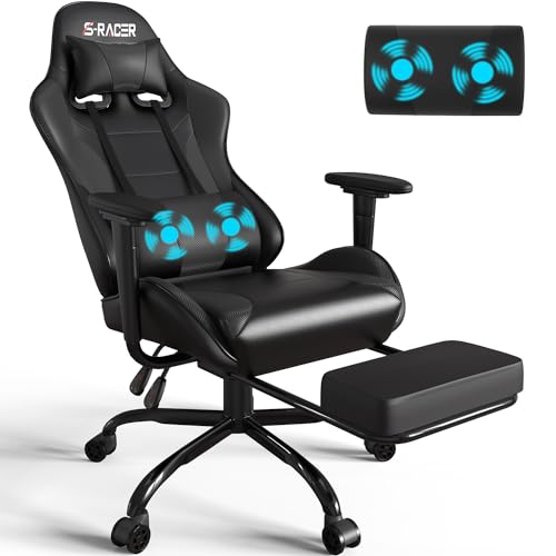 Homall Gaming Stuhl mit Massage Lendenkissen, Rücken und Sitz höhenverstellbar , Erwachsene mit Fußstütze und Kopfstütze, Tragfähigkeit 150kg. Geeignet für Büro und Zuhause